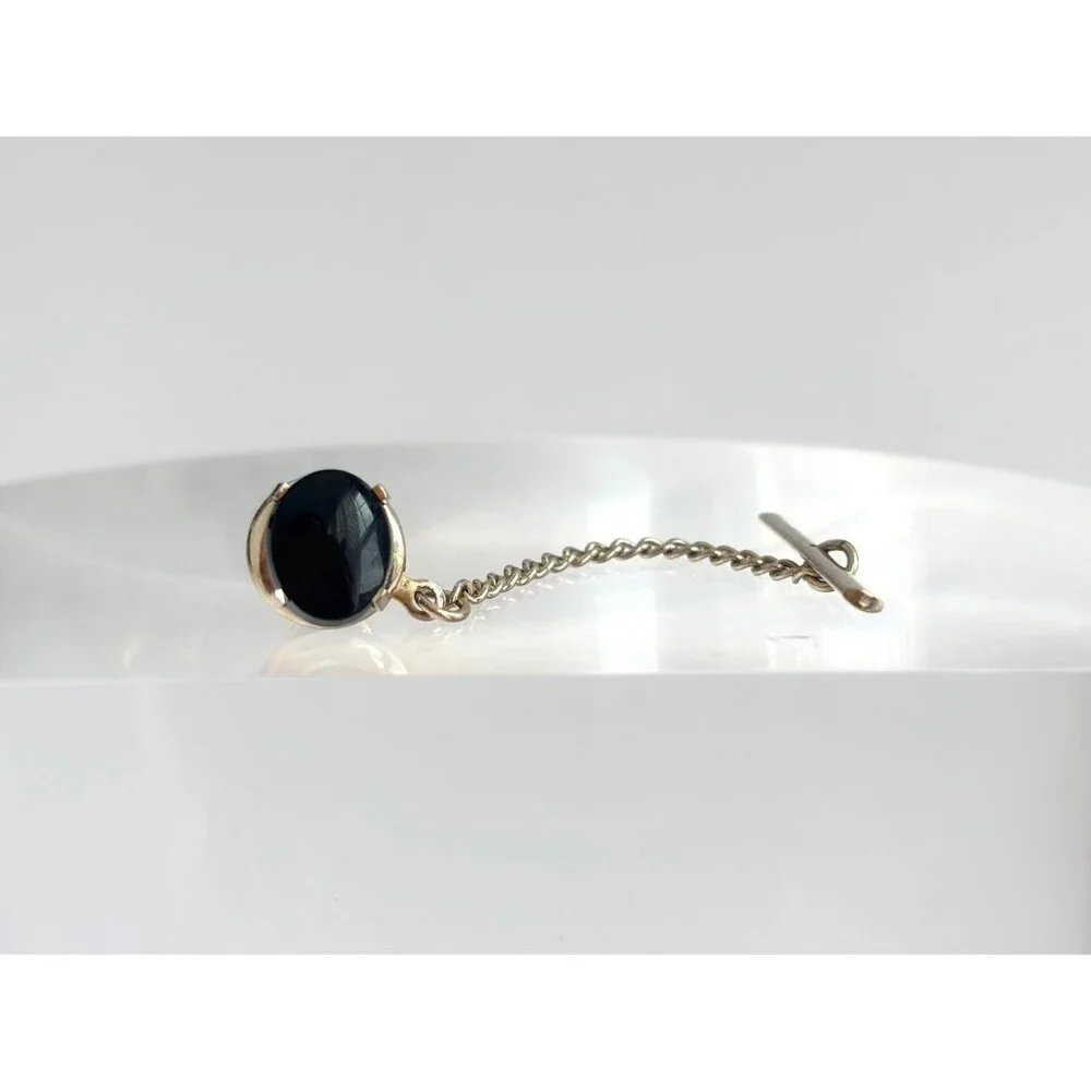 Faux Black Onyx Stone Silver Toned Vintage Men's Tie Tack